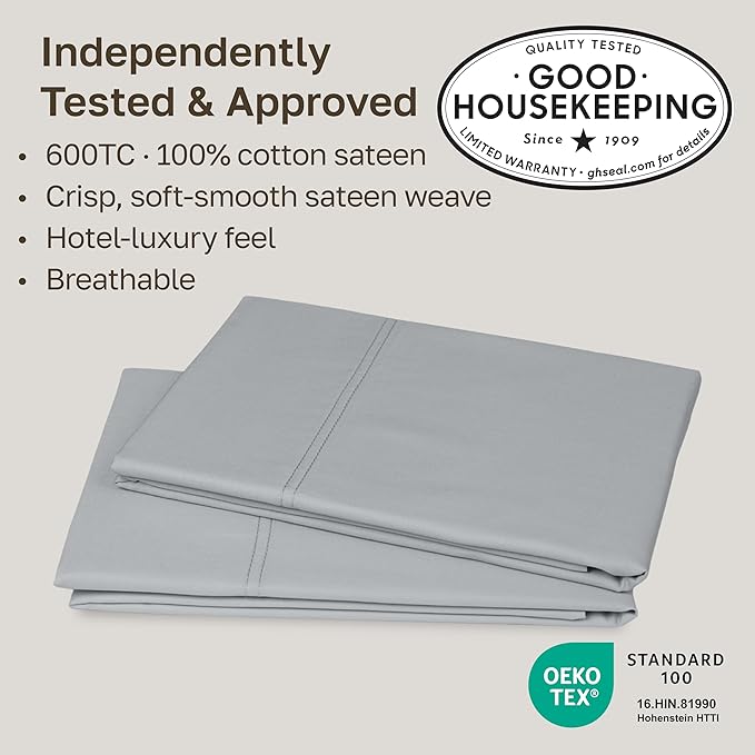 CALIFORNIA DESIGN DEN Luxuriously Soft Hotel Quality 600 Thread Count, 100% Cotton Set of 2 Cases, Crisp & Cool Light Gray Pillow Cases Standard Fits Standard & Queen Pillows (Light Gray)