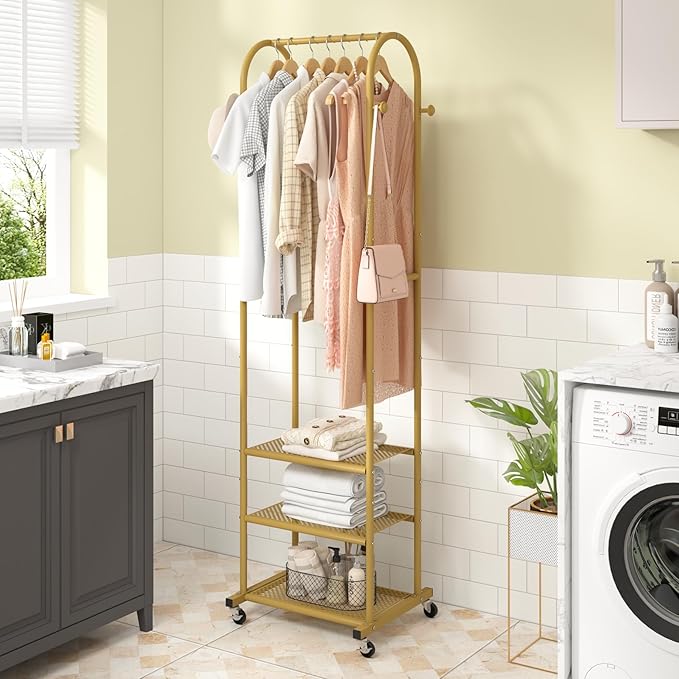 Kaitiemoo Heavy Duty Clothing Rack with Wheels,Modern Garment Rack with 3 Metal Shelves, 71.8Inches Display Rack for Hanging Clothes, Hanging Rod for Small Space,Gold