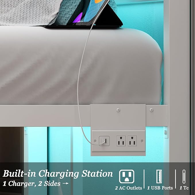 Jenmit Queen Size Bed Frames with Headboard, LED Bed Frame with Charging Station, Metal Platform, Under-Bed Storage, No Box Spring Needed, Noise Free, Easy Assembly, White