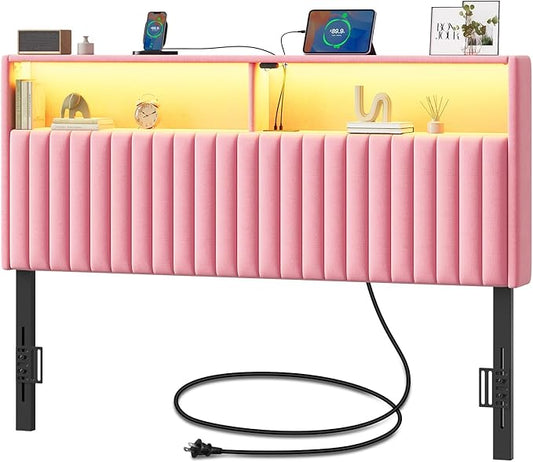 Rolanstar Headboard for Full Size Bed with Storage, Head Board with USB & Type C Port, 60,000 DIY Color of LED Light, Velvet Upholstered, Height Adjustable, Sturdy, Easy Assembly, Pink