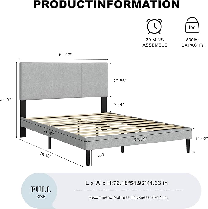 Full Size Bed Frame with Headboard, Fabric Upholstered Platform Bed Frame, Sturdy Slatted Support for Springless Mattresses, Silent Operation, Easy to Assemble, Gray