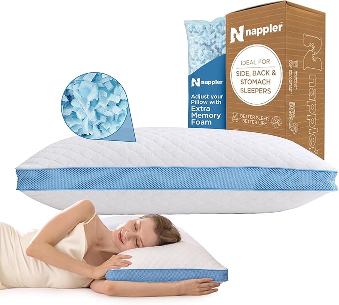 Nappler Side and Back Sleeper Pillow for Neck and Shoulder Pain Relief - Shredded Memory Foam Bed Pillow for Sleeping - 100% Adjustable Fill - Standard Size Modal Washable Case. Extra Fill Included