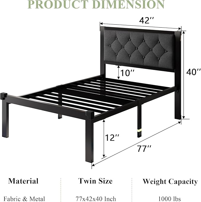 Feonase Twin Size Metal Bed Frame with Linen Upholstered Headboard, Heavy-Duty Platform Bed Frame with 12" Storage, Steel Slats Support, No Box Spring Needed, Gray