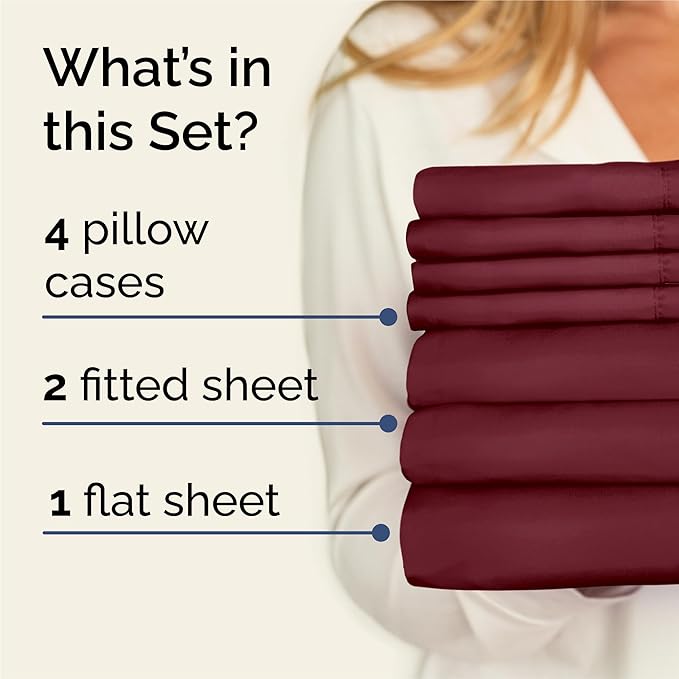Split King 7 Piece Sheet Set - Comfy, Breathable & Cooling - Soft Hotel Luxury Bedding for Women, Men, Kids, Teens and Children - 1 Flat & 2 Fitted Sheets & 4 Pillowcases with Deep Pockets - Burgundy