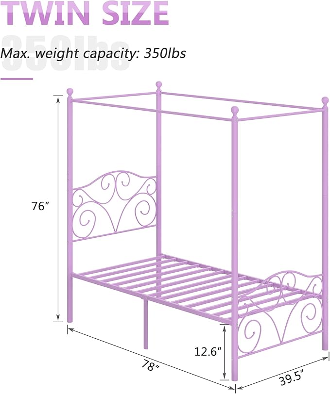 VECELO Metal Canopy Bed Frame Twin Size, 4 Posters Platform Mattress Foundation with Headboard, Heavy Duty Steel Slats Support, No Box Spring Needed, Purple