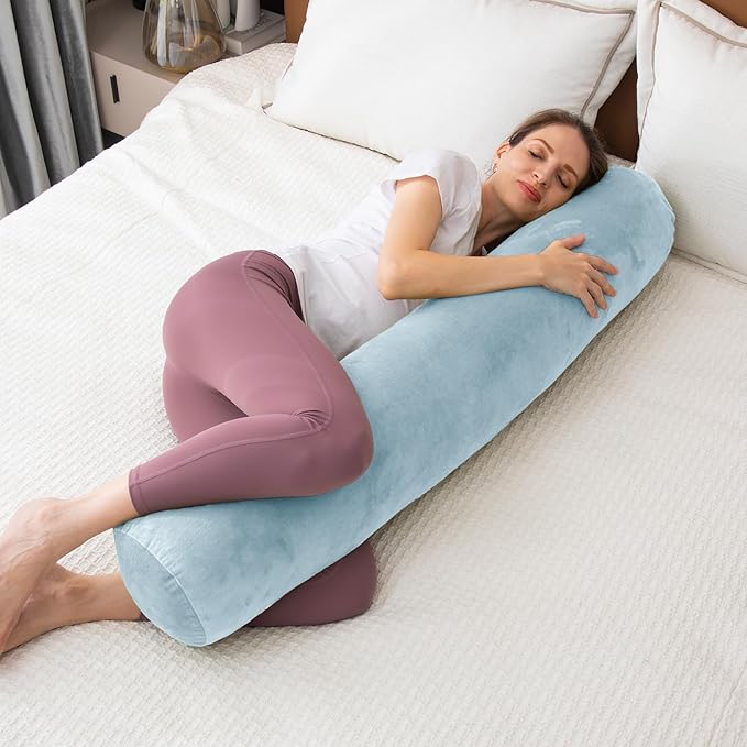 1 MIDDLE ONE Bolster Pillow for Bed, Long Round Body Pillow for Adults with Removable Velvet Cover, Decorative Tube Roll Cylinder Pillow, 47 x 7.87 Inch, Light Blue