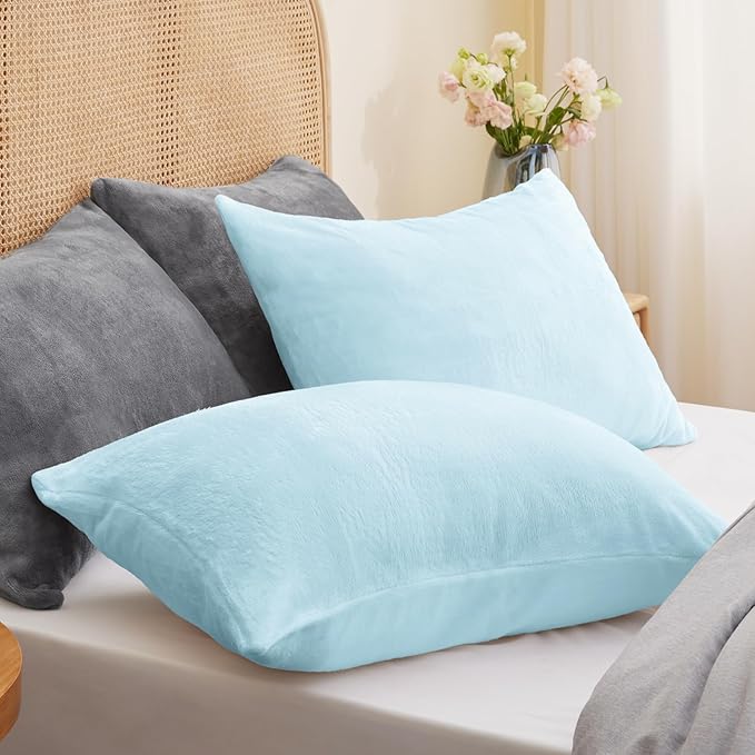 BEDELITE Flannel Pillowcases Standard Set of 2, Super Soft Fleece Pillow Case Cover with Zipper for Bedroom, Sofa, Couch,Luxury Cozy Fuzzy Velvet Pillow Shams for All Seasons(20x26 Inches, Blue)