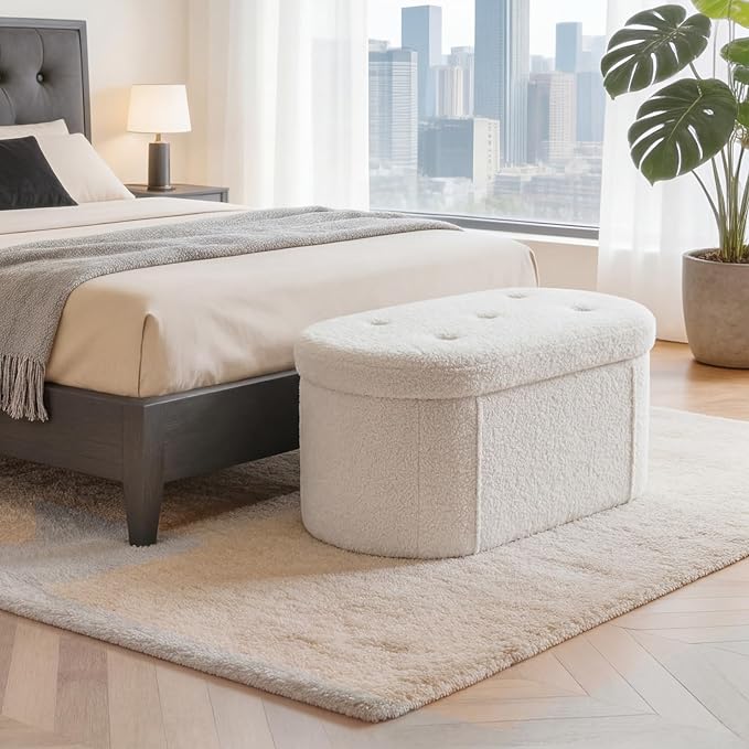 DUMOS Folding Storage Ottoman Bench, Oval Round Ottoman End of Bed Foot Rest Bench Stool with Cushion, Storage Chest for Bedroom, Living Room, Entryway, Dorm, Teddy Fabric, White