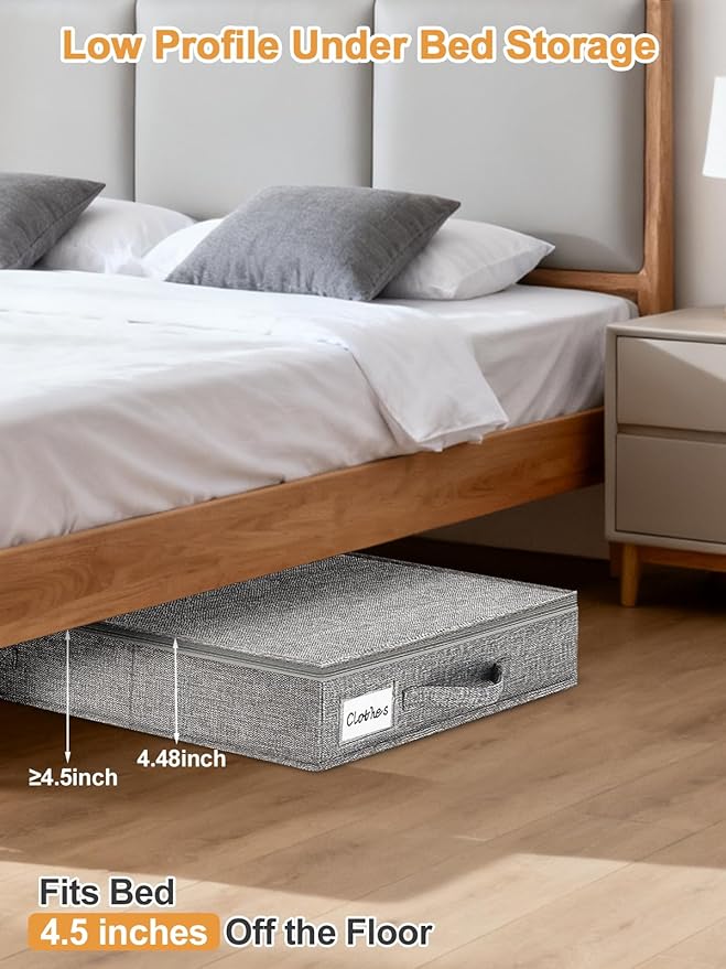 punemi 4.5 Inch Tall Under Bed Storage Containers,Low Profile Underbed Clothes Storage Bin with Sturdy Side & Bottom Support, Use as Clothes Organizer, Pillow and Blanket Organizer, 2 Pack, Grey