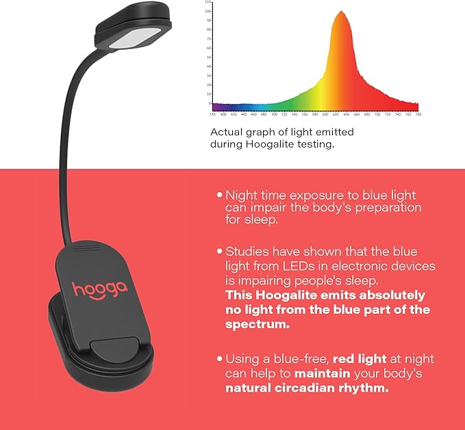 hooga Red Book Light, Rechargeable Clip On 625nm LED Light for Reading in Bed. No Blue Light Emitted, Eye Care Light for Strain-Free, Healthy Eyes. Gift for Students, Kids, Travel, Nursing, Studying.