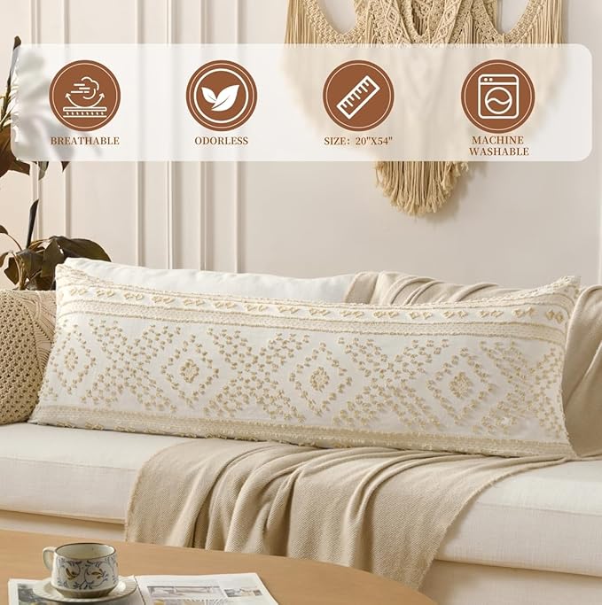DOWNSTORIA Body Pillow Cover, Boho Cutwork Decorative Body Pillowcase, Ultra Soft Microfiber Long Pillowcase with Envelope Closure 20x54 inch (Boho Beige)