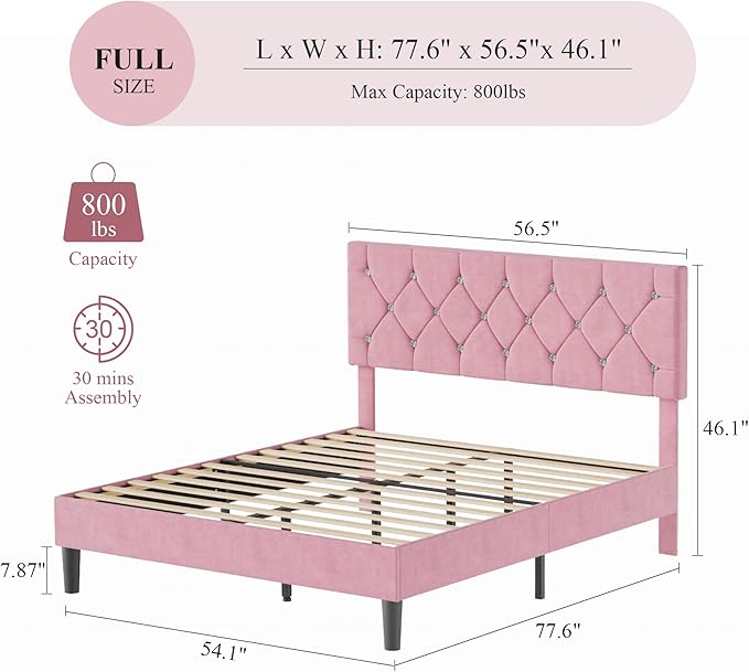 VECELO Full Size Bed Frame with Diamond Tufted Headboard, Upholstered Platform Bedframe with Wood Slat Support, No Box Spring Needed, Mauve Pink