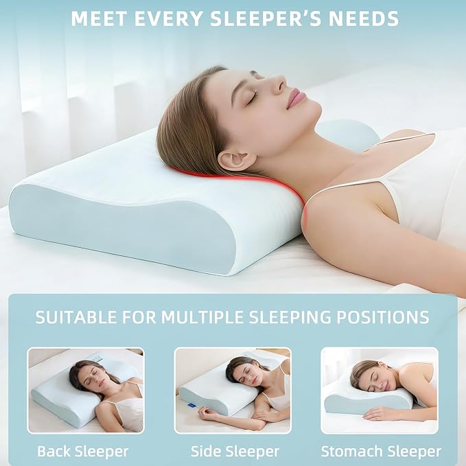 Cervical Neck Pillow for Neck Pain Relief, Neck Support Pillows for Sleeping, Contour Memory Foam Pillow with Cooling Pillowcase, Orthopedic Pillow for Side Back Stomach Sleeper, Medium Soft