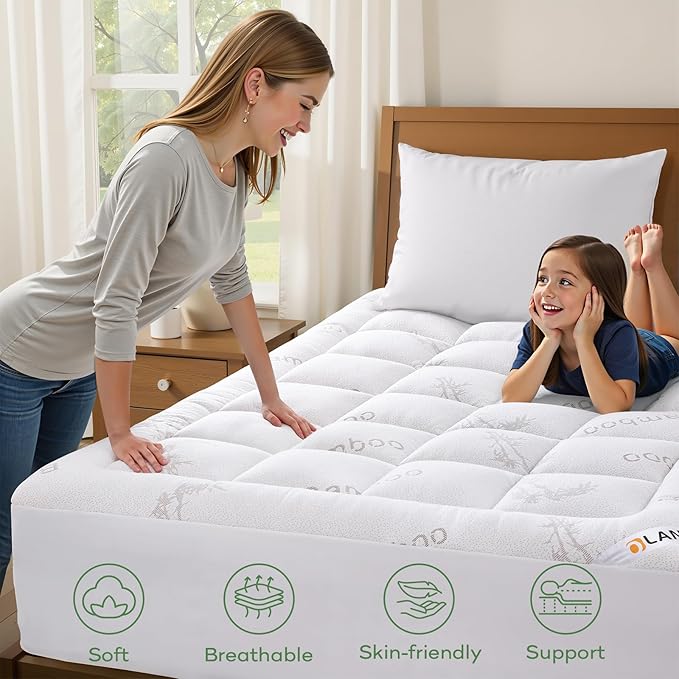 OLANLY California King Mattress Topper – Viscose Made from Bamboo, Cooling Soft Pillow Top Mattress Pad for Back Pain Relief, Plush Down Alternative Fill Bed Topper with Elastic Deep Pocket, White