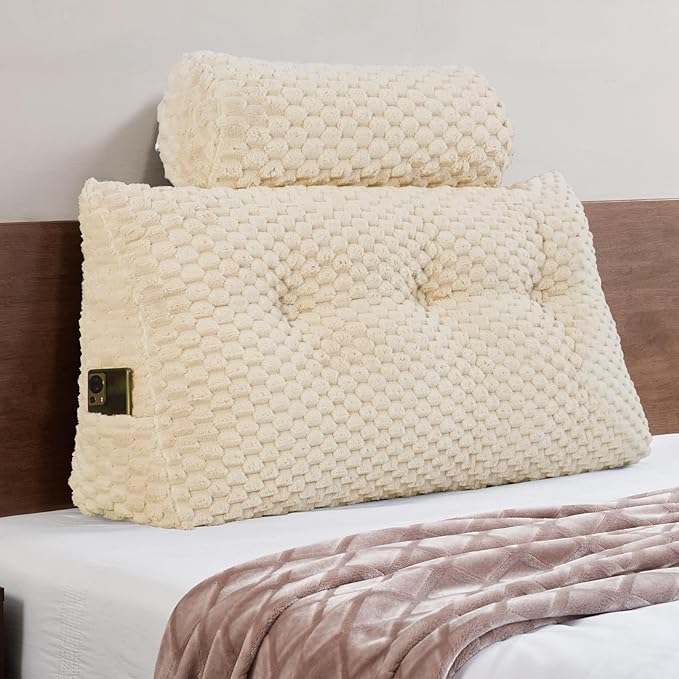 Wedge Headboard Pillow - Bed Wedge Pillow for Headboard Triangular Headboard Pillow with Neck Roll Pillow-Large Bolster Pillow for Sitting in Bed Backrest Positioning Support (Beige,39x8x20 Inches)