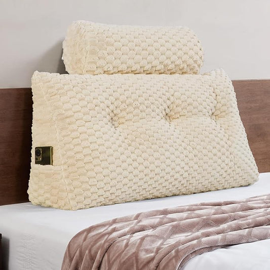 Wedge Headboard Pillow - Bed Wedge Pillow for Headboard Triangular Headboard Pillow with Neck Roll Pillow-Large Bolster Pillow for Sitting in Bed Backrest Positioning Support (Beige,39x8x20 Inches)