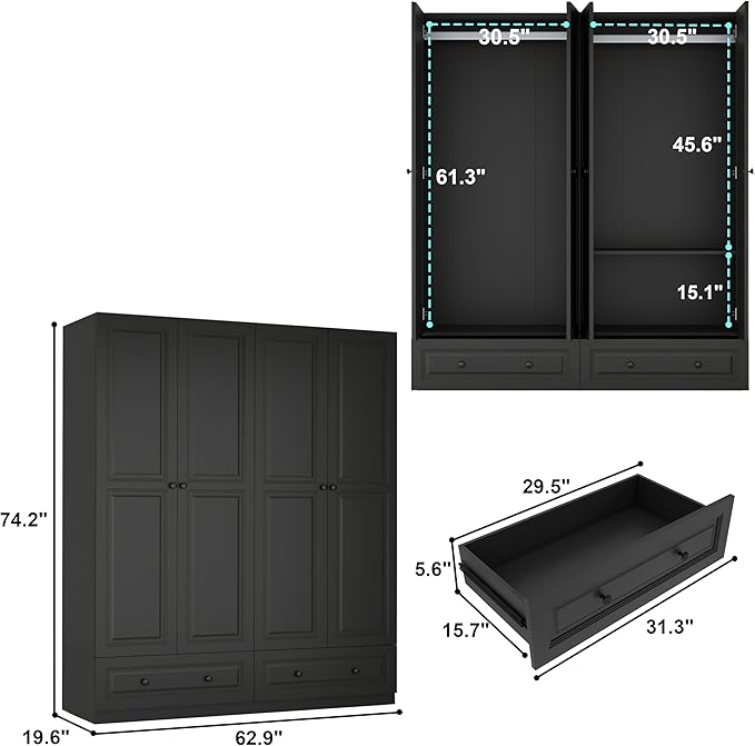 Armoire Wardrobe Closet with Drawers: 74" Black Tall Wooden Wardrobe Closet for Hanging Clothes, Large Bedroom Armoires with 2 Drawers, 4 Door Armoire Storage Cabinet (Black, 63")