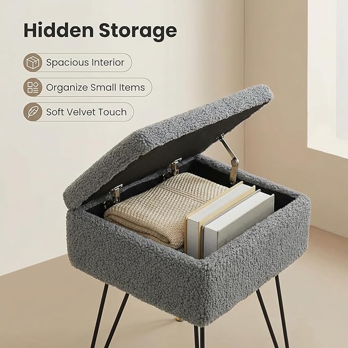 Vanity Stool Chair, Faux Teddy Fur Ottoman Foot Stool with Metal Legs & Adjustable Black Feet, Flip Top Storage Makeup Stool with Soft Padded Seat, Foot Rest for Makeup Room Bedroom, Gray