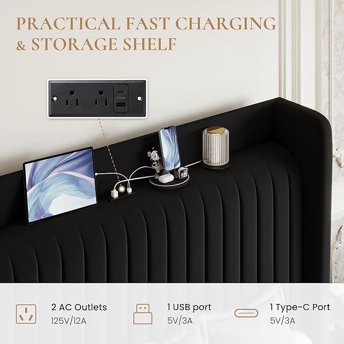 SHA CERLIN King Size Velvet Bed Frame with USB Charging Station, Wingback Storage Headboard, Upholstered Platform Bed with Wooden Slats Support, No Box Spring Needed, Easy Assembly, Black