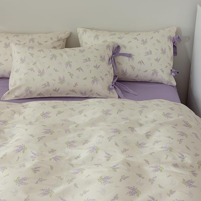 VM VOUGEMARKET Cotton Duvet Cover Set Queen,3 Pieces Purple Floral Bedding Set,Girls Lavender Flower Duvet Cover with Zipper Closure-Queen,90x90 Inch