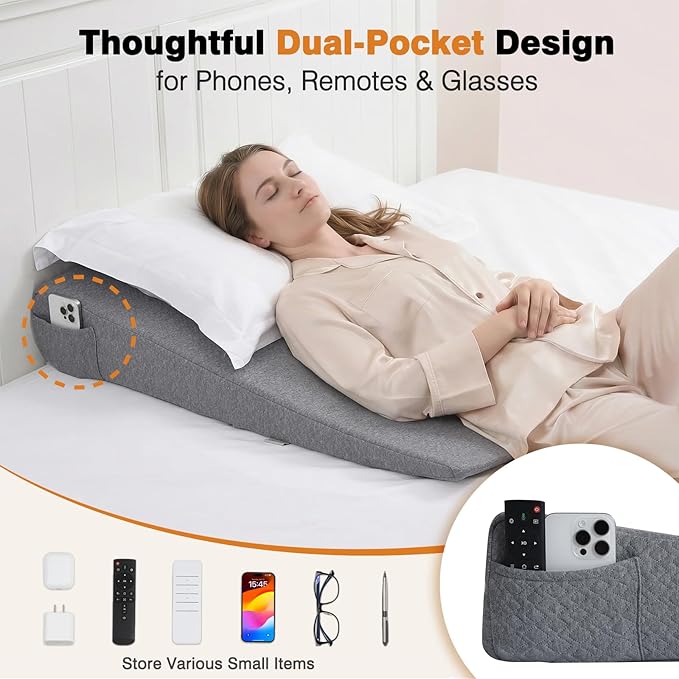 Vekkia 34" Extra-Long Wedge Pillow, Back & Arm Support, Bed Wedge Pillow for Sleeping After Surgery, Acid Reflux, Snoring Relief, Removable Washable Cover & Double Side Pockets, 5.5" Height, Gray