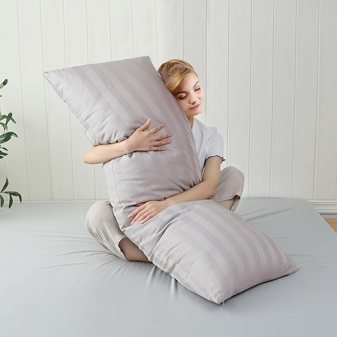 100% Cotton Soft Body Pillow Protectors with Invisible Zipper 20X54 Inches Body Pillow Cases, 600 Thread Count Soft Pillow Cases, Striped Light Beige Color 1-Pack