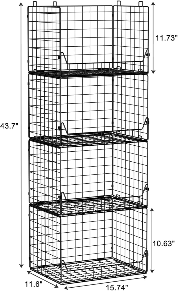 Jakyitvi 4-Tier Extra Height Stackable Closet Organizer – Foldable Storage Bins for Sweaters, Jeans, and Clothes – Sturdy Iron Mesh Shelves for Neat and Efficient Closet Storage – Black