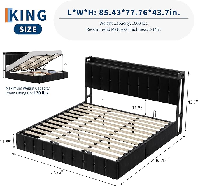 Garvee King Size Lift Up Storage Bed, Upholstered Velvet Bed Frame with Storage Headboard, Metal Platform Bed, No Box Spring Needed, Noise Free, Black