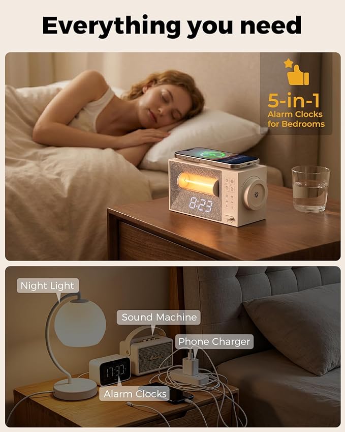 Alarm Clock with 15W Wireless Charger, White Noise Machine with 20 Soothing Sounds, Sunrise Wake Up Light for Bedrooms, Dimmable Bedside Clock with Dual Alarms, Gift for Kids and Adults