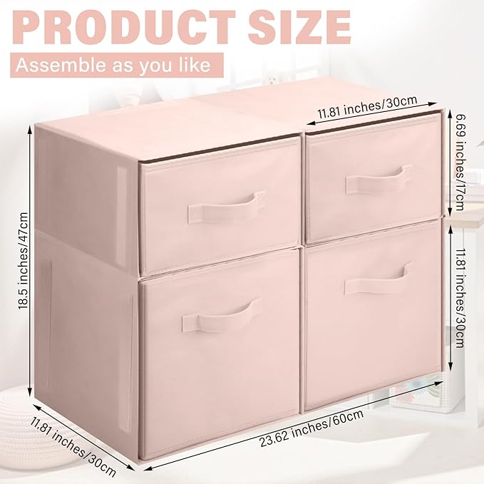 Weysat 4 Cube Stackable Under Dorm Bed Storage Container Foldable Closet Drawer Organizer Fabric Storage Cube Bins for Dorm Essentials College Closet Bedroom Living Room Nursery(Pink,18.5 Inch)