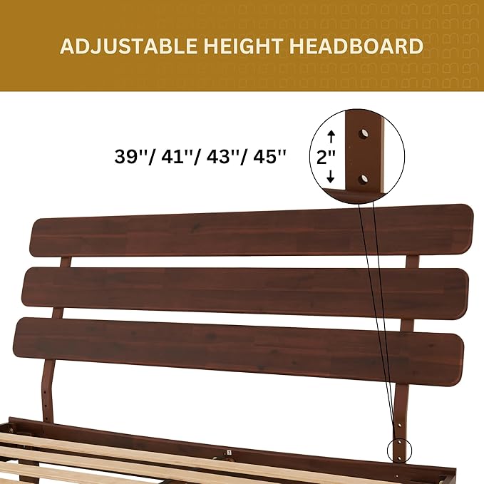 Bme Caden Queen Bed Frame and Adjustable Headboard, 15 Inch Mid Century Retro Style - Solid Acacia Wood - No Box Spring Needed - 12 Strong Wood Slat Support - Easy Assembly - Walnut