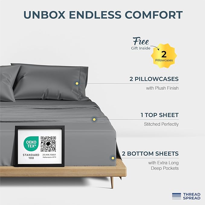 THREAD SPREAD 100% Egyptian Cotton Split King Sheets Sets for Adjustable Bed - 1500 Series Split Top King Sheets (5 PC, Dark Grey), Silky Soft, Sateen, Cooling & Breathable, 17" Deep Pocket Bed Set