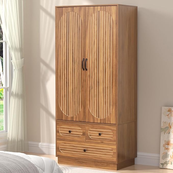 Jluomei Armoire Wardrobe Closet with Doors, Wardrobe Cabinet with 3 Drawers, Wooden Large Clothing Storage Cabinet with Hanging Rod and Shelf, Mid-Century Modern Tall Closet for Bedroom, Walnut | with Doors, Wardrobe Cabinet, with 3 Drawers, with Hangi...