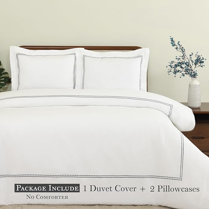 Dreamology White Duvet Cover Luxury Hotel Quality Bedding Set 100% Cotton Embroidered Duvet Covers with 2 Pillow Shams Hypoallergenic Zipper Closure 3 Pieces Duvet Set (Grey T-200, Full)