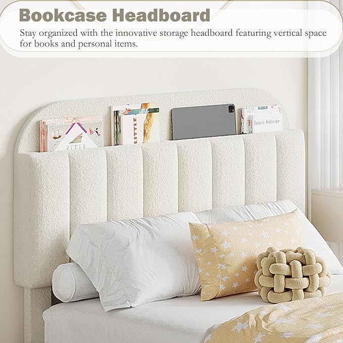 Garvee Twin Size Bed Frame with 2 Flexible Drawers, Boucle Upholstered Platform Bed Frame with Bookcase Headboard, Bedframe for Kids/Girls, Easy Assembly, No Box Spring Needed, Noise Free, Beige