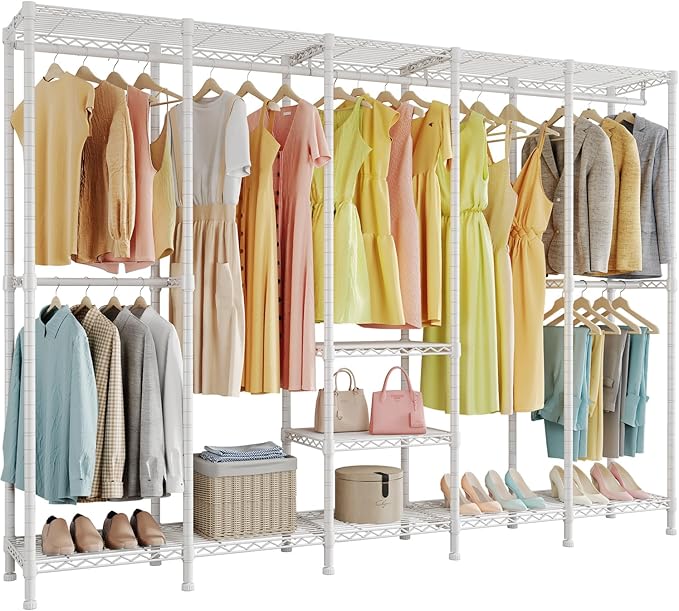 Higeego H5 Extra Large Heavy Duty Clothes Rack, Wire Garment Rack, Freestanding Clothing Rack for Hanging Clothes, Wardrobe Closet with Adjustable Shelf, 93.3" Wx15.7 Dx75.4 H, White, Load 1400 lbs