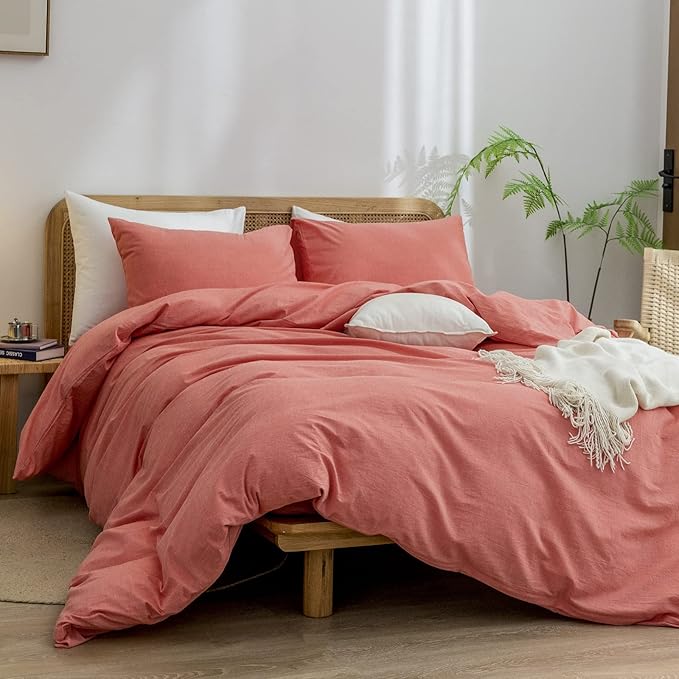 BESTOUCH Duvet Cover Set 100% Washed Cotton Linen Feel Super Soft Comfortable Chic Lightweight 3 PCs Home Bedding Set Solid Orange Queen