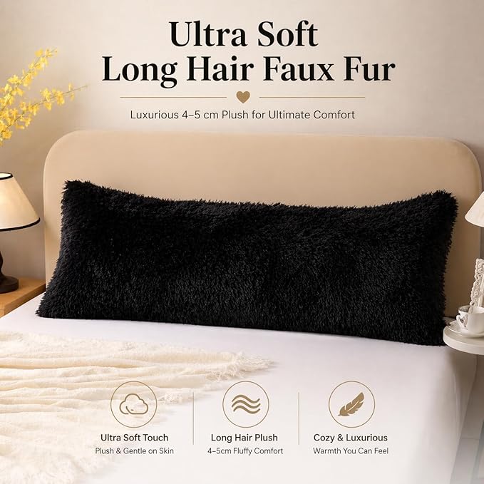 Reafort Luxury Faux Fur Body Pillow Cover 21" x 54", Long Hair PV Plush Body Pillow Case with Hidden Zipper Closure, Ultra Soft Fluffy Decorative Long Pillow Cover (Black, Body)