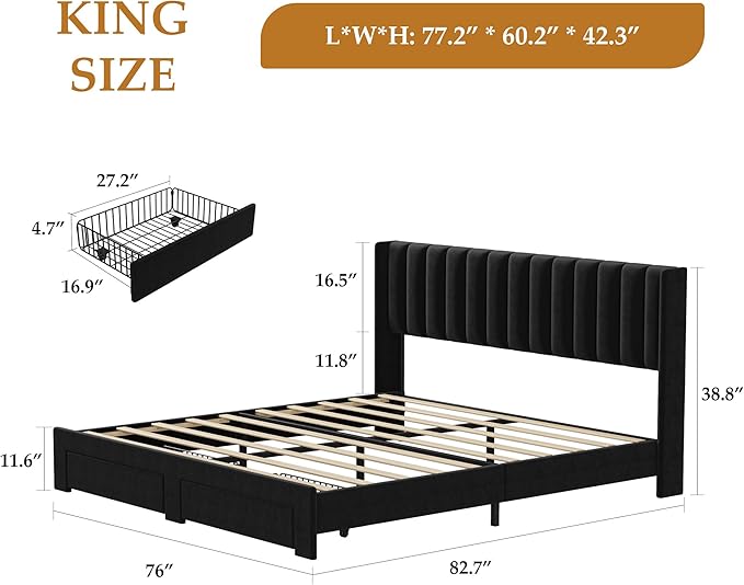 GarveeHome King Size Bed Frame, Bed Frame Upholstered Platform Bed with Velvet Headboard, Wing Edge Design, 2 Storage Drawers, No Box Spring Needed, Black