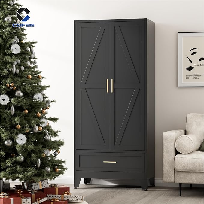 COFaR Metal Armoire Wardrobe Closet with Drawer, 71'' Tall Farmhouse Bedroom Armoires with Doors and Hanging Rod, Freestanding Steel Wardrobe Cabinet Coat Closet for Bedroom Home Office, Black