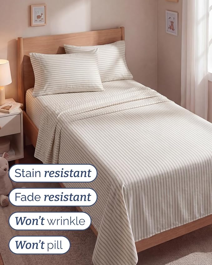 Twin 4 Piece Sheet Set - Comfy, Breathable & Cooling - Soft Hotel Luxury Bedding for Women, Men, Kids, Teens and Children - 1 Flat & 1 Fitted Sheet & 2 Pillowcases with Deep Pockets - Beige Stripes 2
