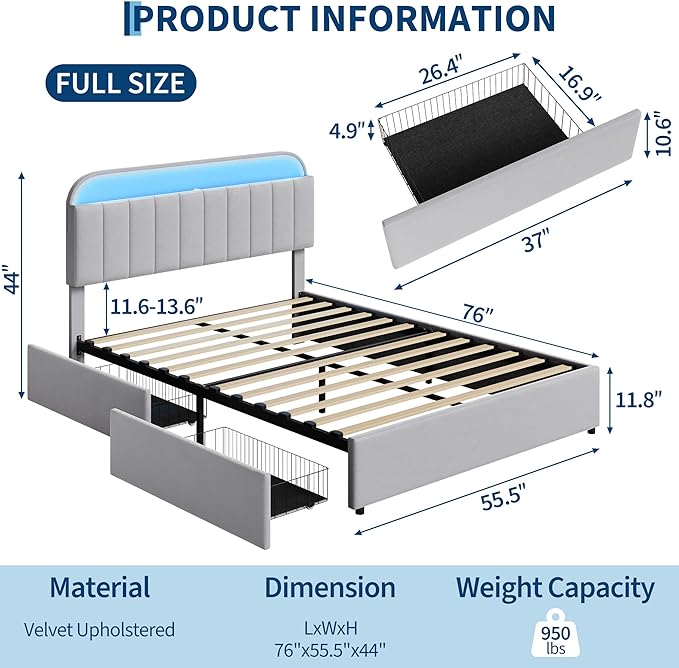 Garvee Full Size Bed Frame with 2 Flexible Drawers, Velvet Upholstered Platform Bed Frame with Bookcase Headboard and LED Lights, Kids Bed for Girls, Easy Assembly, Noise Free, Grey
