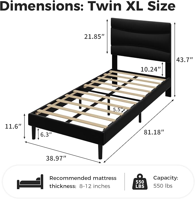 GarveeHome Twin XL Modern Upholstered Bed Frame with Soft Padded Headboard,Sturdy Metal Steel Slat Support, Noise-Free Quiet Design,Easy Assembly,Heavy Duty Stable Bed Frame(Black)