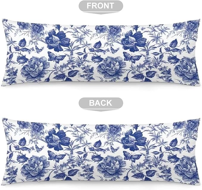 Blue and White Porcelain Floral Body Pillow Cover Modern Vintage Chinoiserie Decorative Long Pillow Case with Zipper Farmhouse Bedding Pillowcase Soft Cushion Pillow Covers for Bedroom,Couch,20"x54"