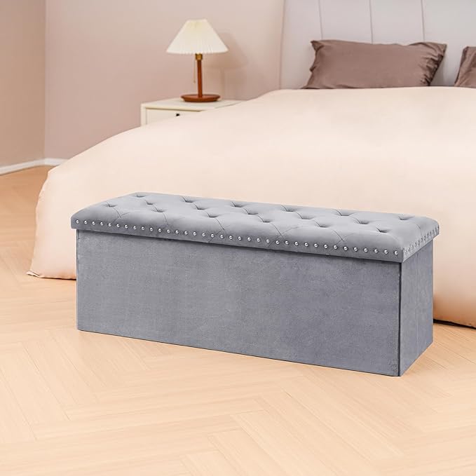 PINPLUS Storage Ottoman Bench with Benches Foot Rest Stool, Large Long Folding Velvet Shoes Chest for Bedroom, Living Room,（Grey） 43.3"x15.7"x15.7"