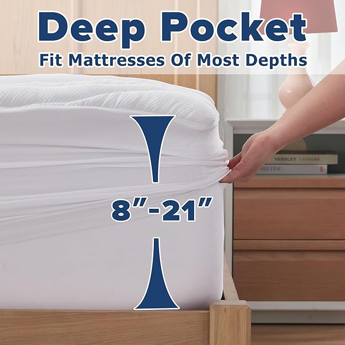 ELVEN HOME Full Size Mattress Pad for Pain Relief, Quilted Fitted Cooling Mattress Topper for Double Bed, Pillow Top Mattress Protector Cover with 8-21" Deep Pocket (54x75 inch, White)