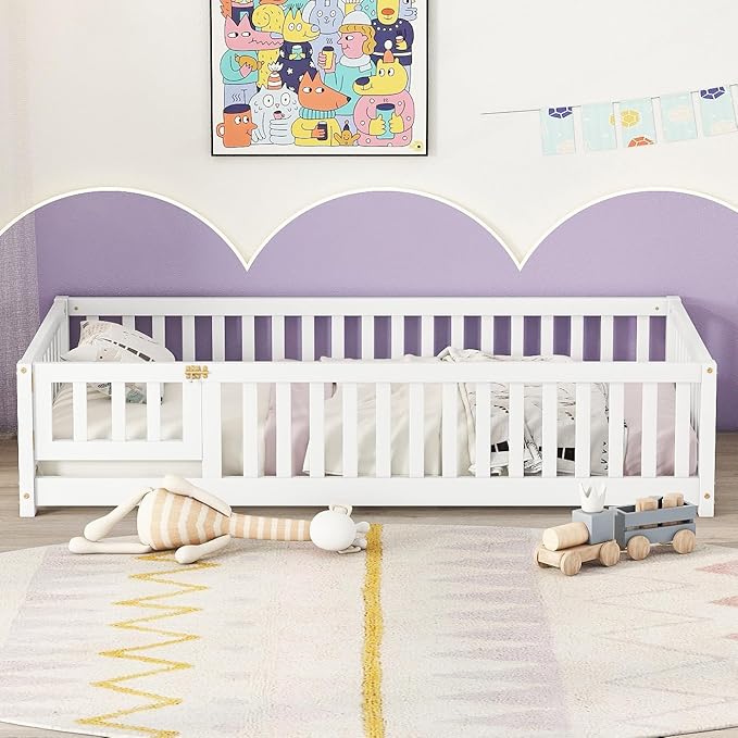 Bellemave Twin Floor Bed with Slats and Door, Twin Size Montessori Floor Bed with Fence and Door, Easy Assemble Montessori Beds Frame for Girls, Boys, White