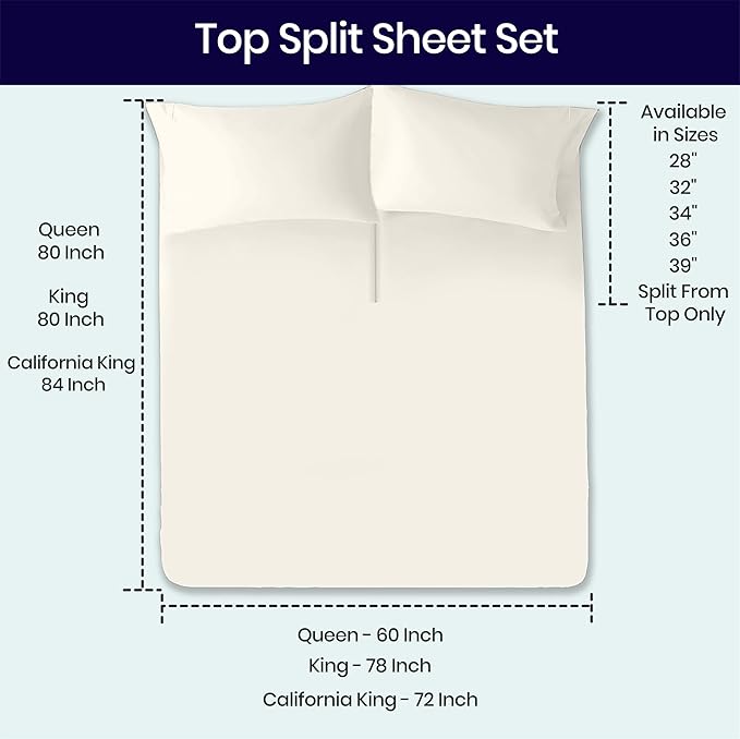 SGI bedding 34" King Split Top Flex Head Sheet 100% Egyptian Cotton Sheet Set 1000 Thread Count Flex Top Sheet for Adjustable Bed 4Pc Sheet Set 15" Deep Pocket for Sleep Number Bed - Butter