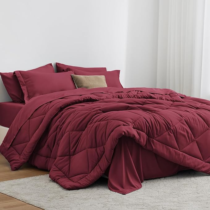 Love's cabin Twin XL Comforter Set Burgundy, 5 Pieces Twin XL Bed in a Bag, All Season Bedding Sets with 1 Comforter, 1 Flat Sheet, 1 Fitted Sheet, 1 Pillowcase and 1 Pillow Sham | Soft, Breathable, Lightweight, Comfortable