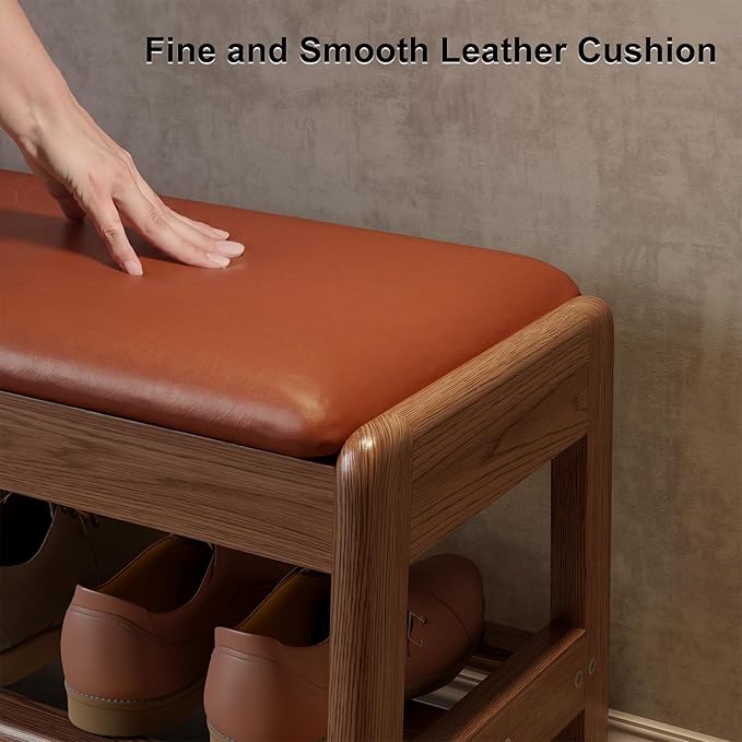 AQIMUELE Shoe Rack Bench,2 Tiers Shoe Bench with Storage with Flip-Top,Wood Shoe Rack for Entryway,Hallway（Orange Upholstered Seat,11.8" D x 31.5" W x 15.7" H）